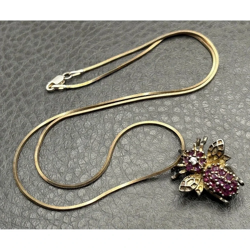 Vintage Insect Bee Ruby Sterling Silver  Pendant Brooch & Chain Necklace  17